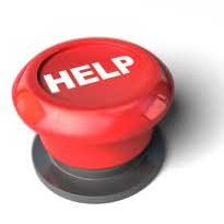 a bright red button with white letters reading HELP